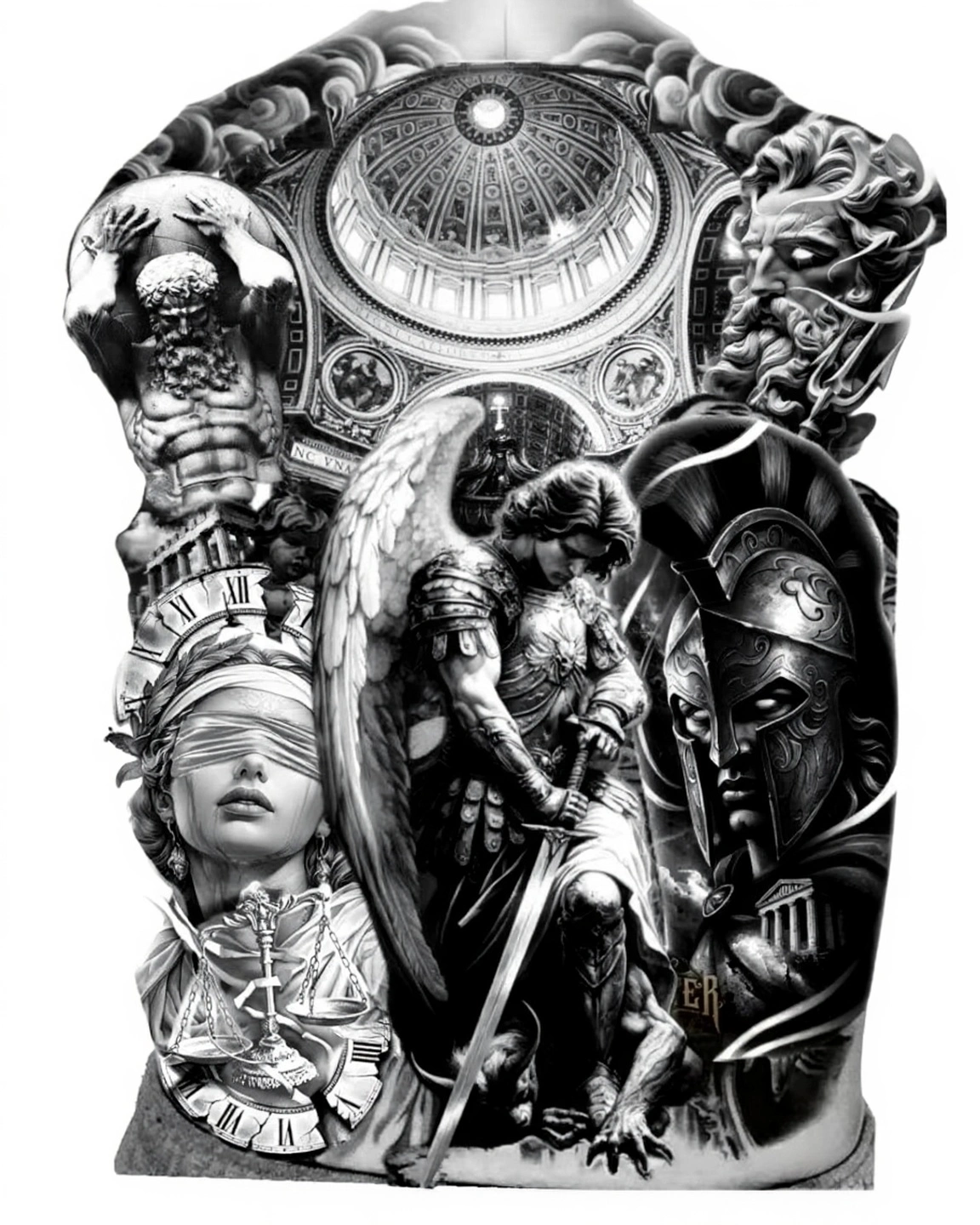 Archangel Michael Greek Mythology Black And Grey Full Back - Black And Grey Back tattoo design idea for men