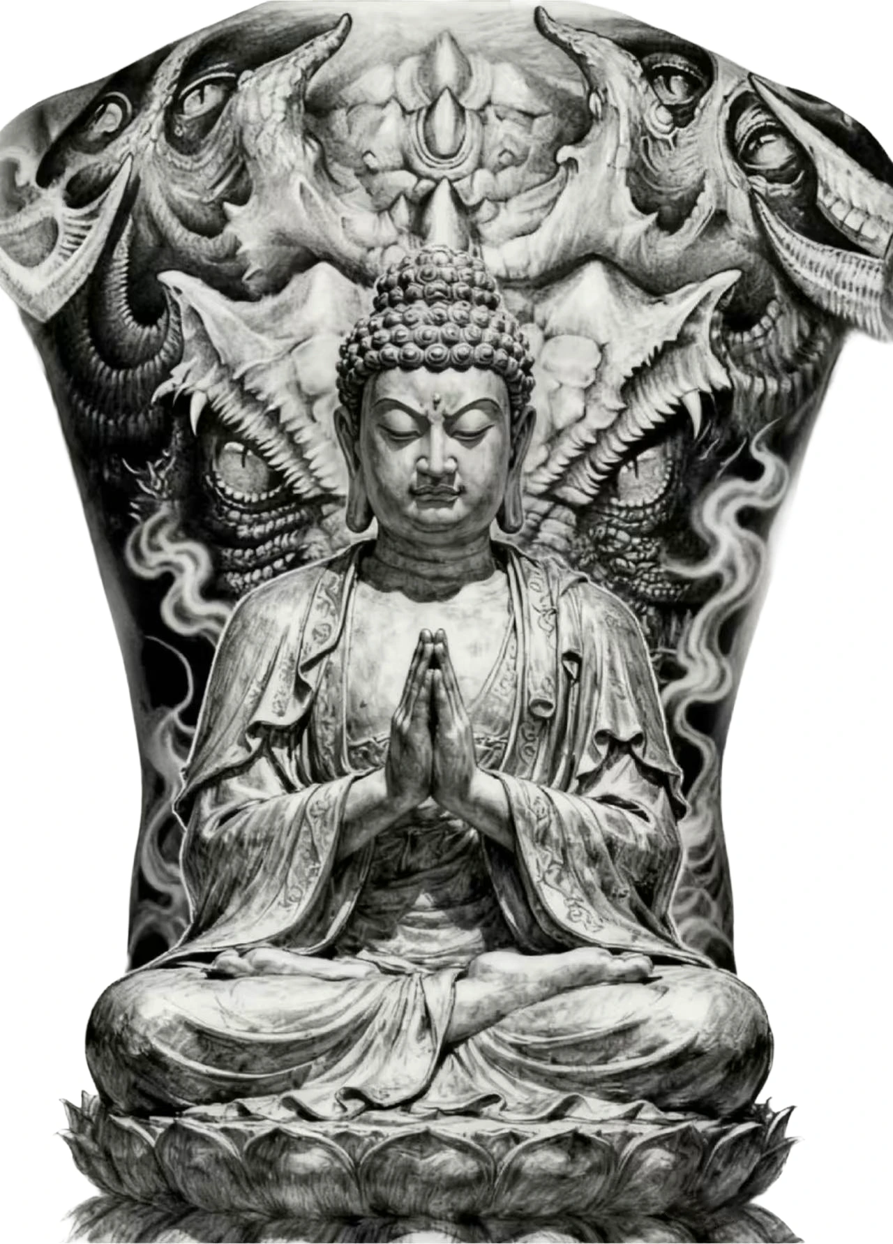 Buddha With Elephant Realistic Black And Grey Full Back - Black And Grey Back tattoo design idea for men