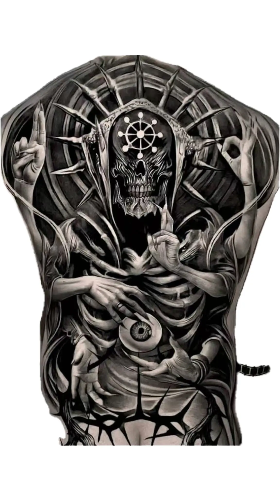 Dark Occult Skeleton Deity Black And Grey Full Back - Black And Grey Back tattoo design idea for men
