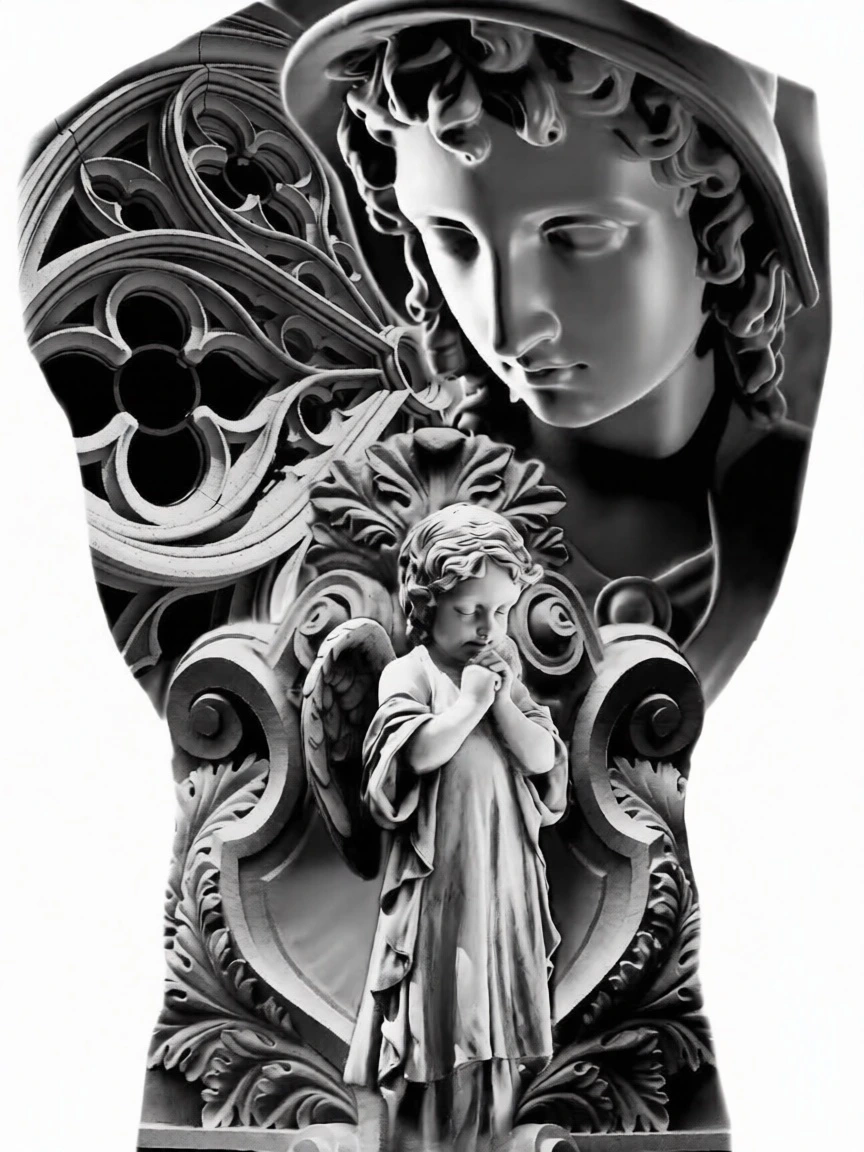 Angel Statue Realistic Black And Grey Full Back - Black And Grey Back tattoo design idea for men