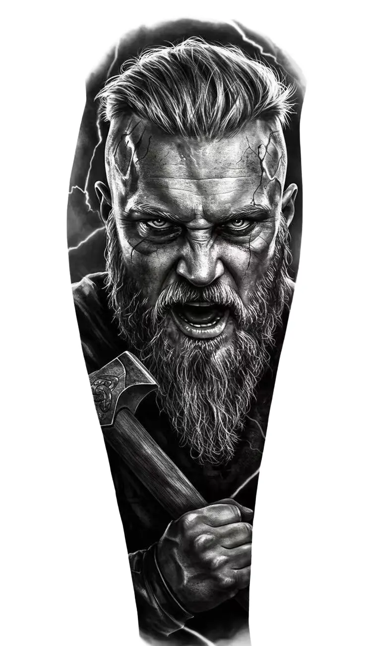 Viking Warrior Portrait Black And Grey Realistic Sleeve - Black And Grey Forearm tattoo design idea for men