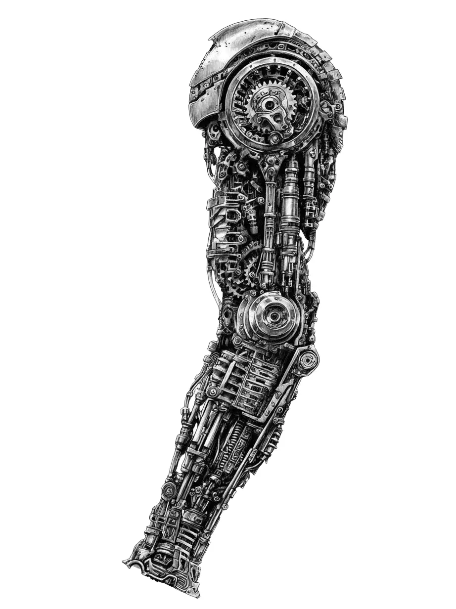 Robotic Biomechanical Arm Full Sleeve - Black And Grey Full Sleeve tattoo design idea for men
