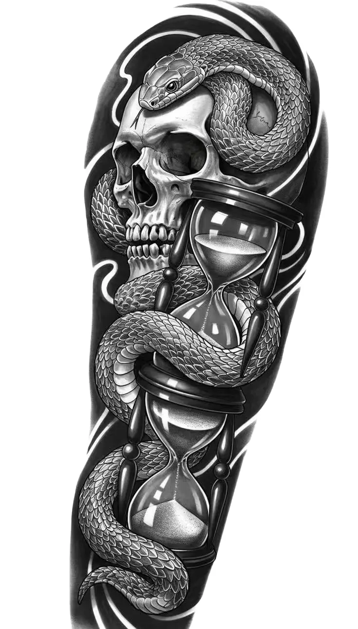 Snake Skull Hourglass Forearm Full Sleeve - Black And Grey Full Sleeve tattoo design idea for men