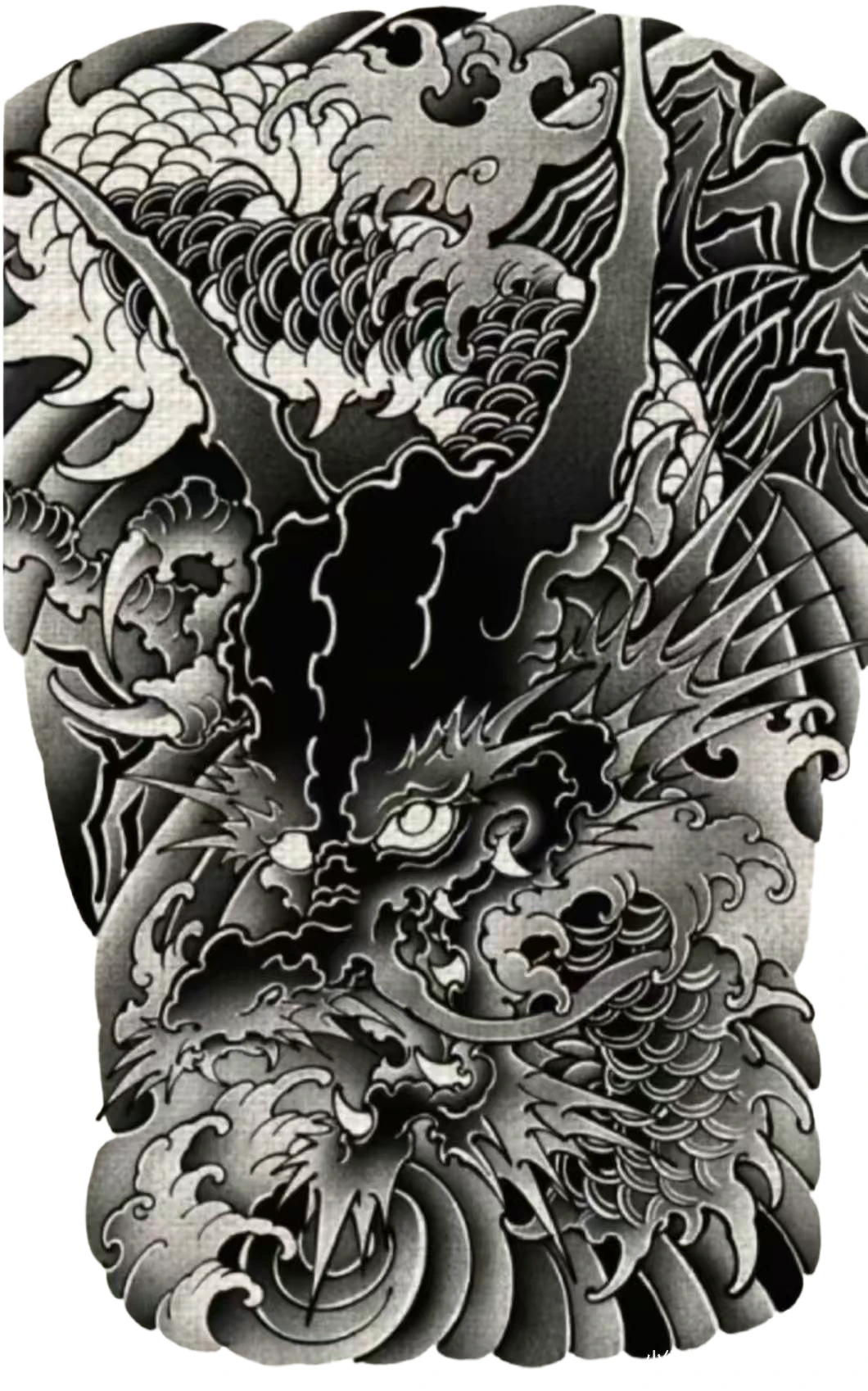 Black And Grey Japanese Dragon Traditional Backpiece - Japanese Back tattoo design idea for men
