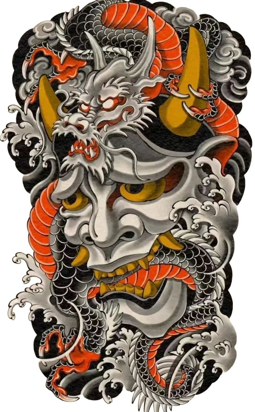 Japanese Hannya Mask With Dragon Traditional Irezumi - Japanese Back tattoo design idea for men