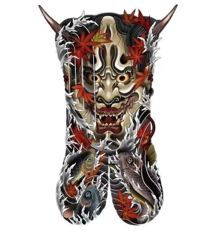 Japanese Hannya Mask Koi Fish Maple Leaves Full Back Irezumi - Japanese Back tattoo design idea for women