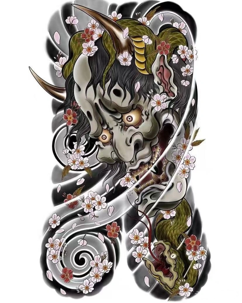 Japanese Hannya Mask With Snake And Sakura Irezumi - Japanese Back tattoo design idea for women