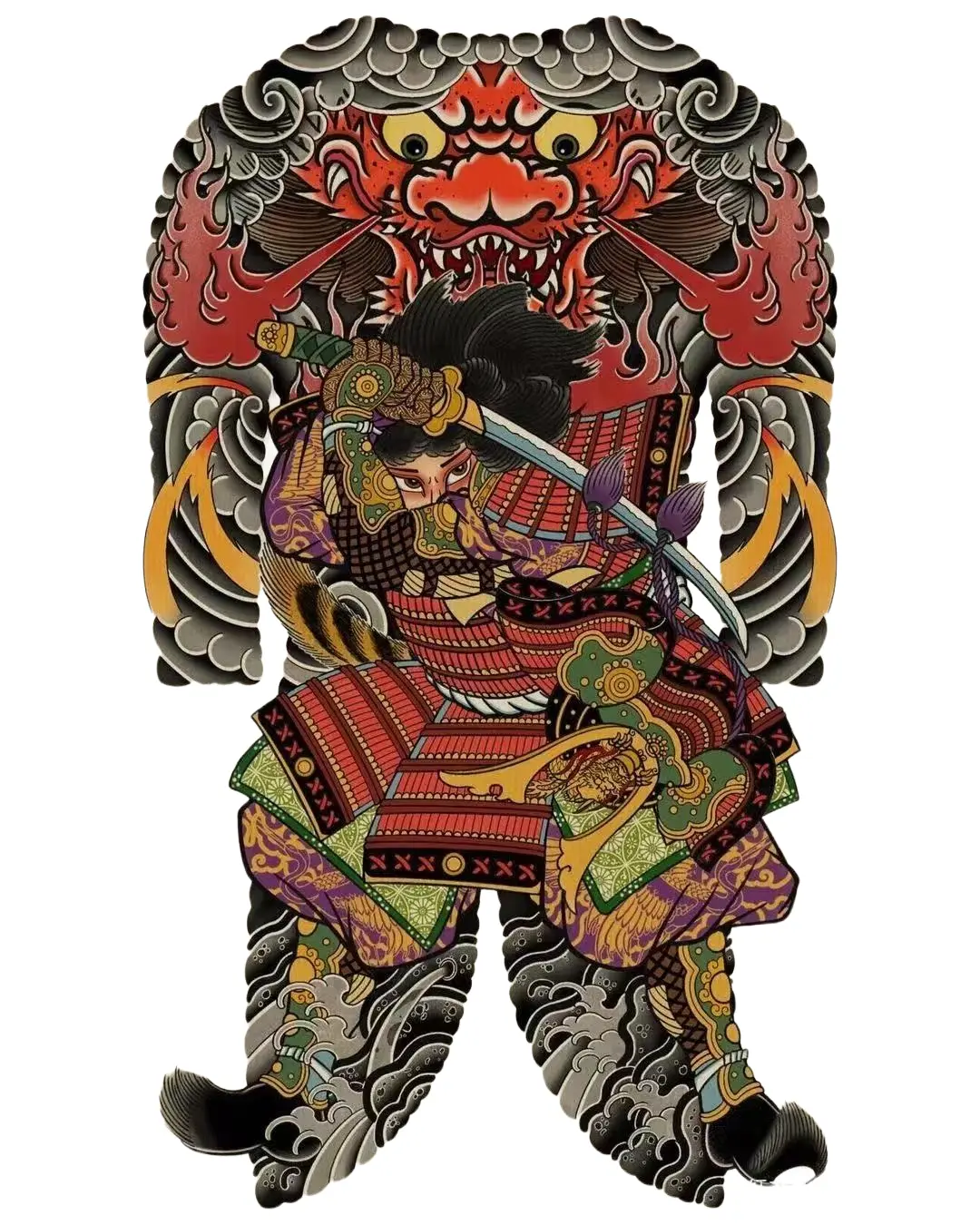 Japanese Samurai With Oni Demon Traditional Irezumi Full Back - Japanese Back tattoo design idea for men