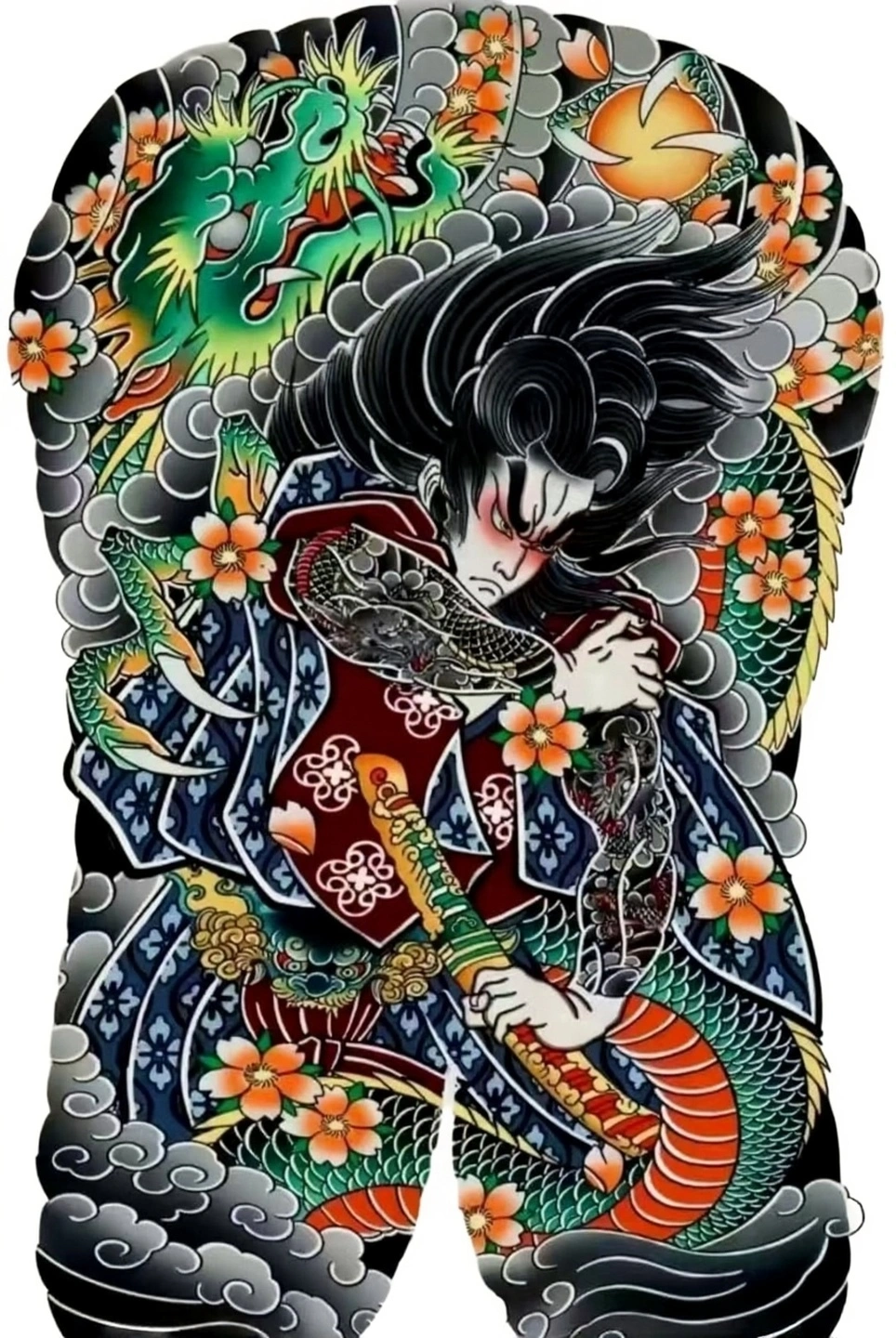 Sakura Dragon Samurai Full Back - Japanese Back tattoo design idea for men