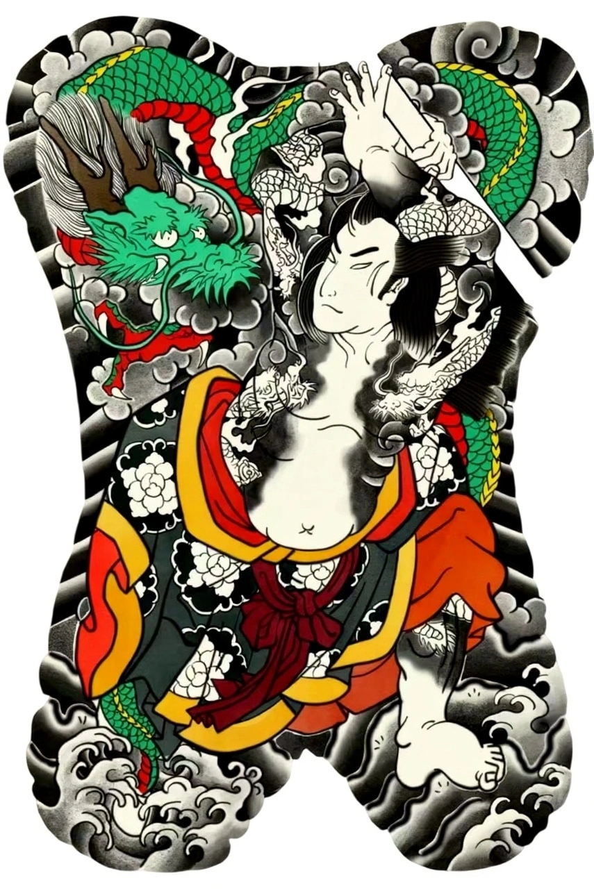 Ukiyo E Dragon Warrior Full Back - Japanese Back tattoo design idea for men