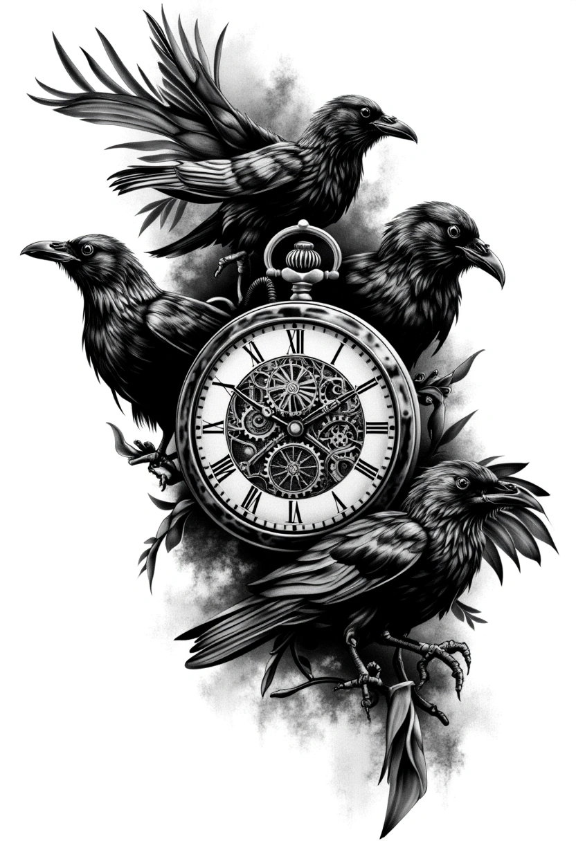 Black Out Space Background, Mountains, Crows, Time Piece - Realism Shoulder tattoo design idea for men