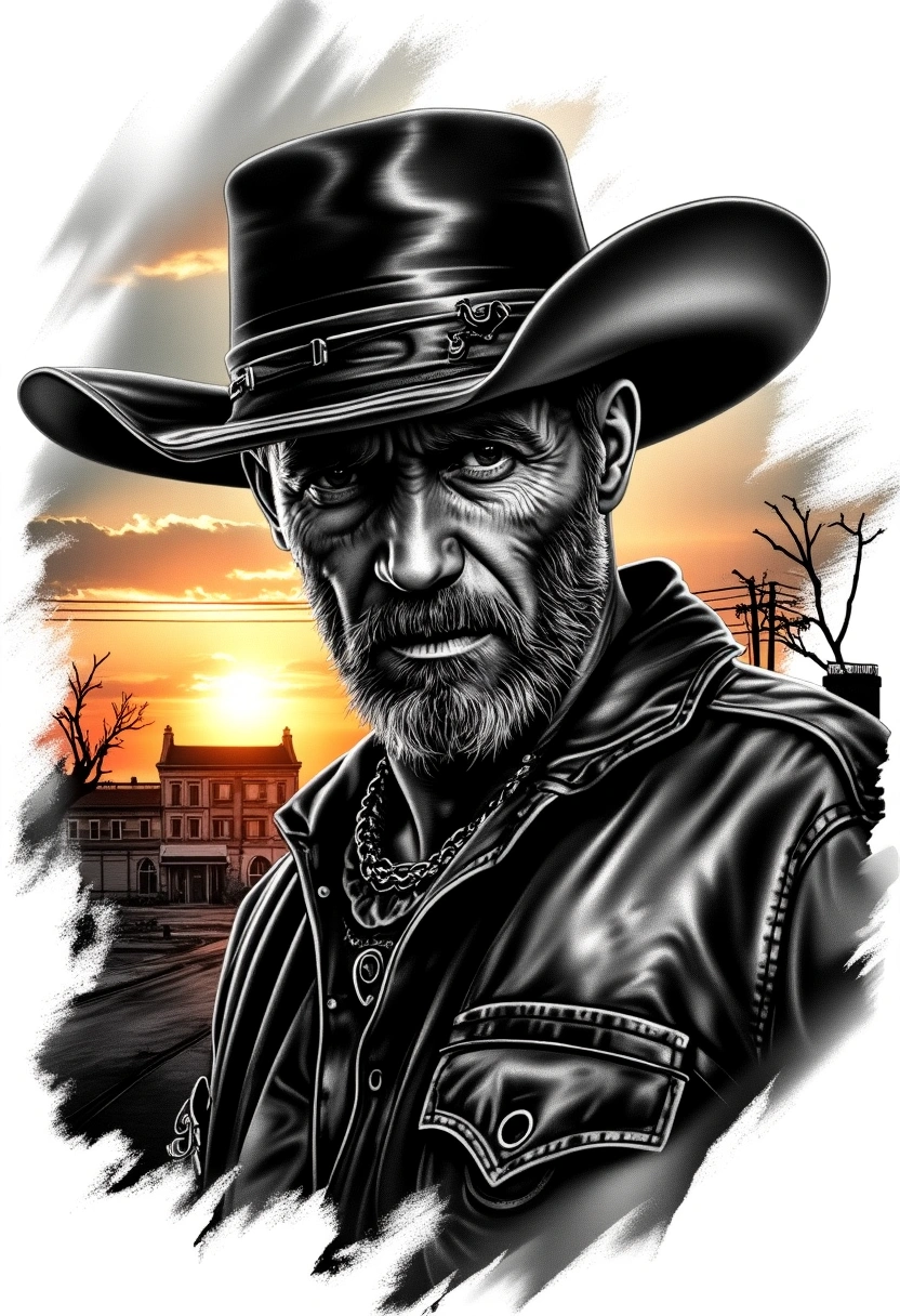 Outlaw Gunslinger Portrait With A Dusty Sunset Town Behind - Realism Chest tattoo design idea for men