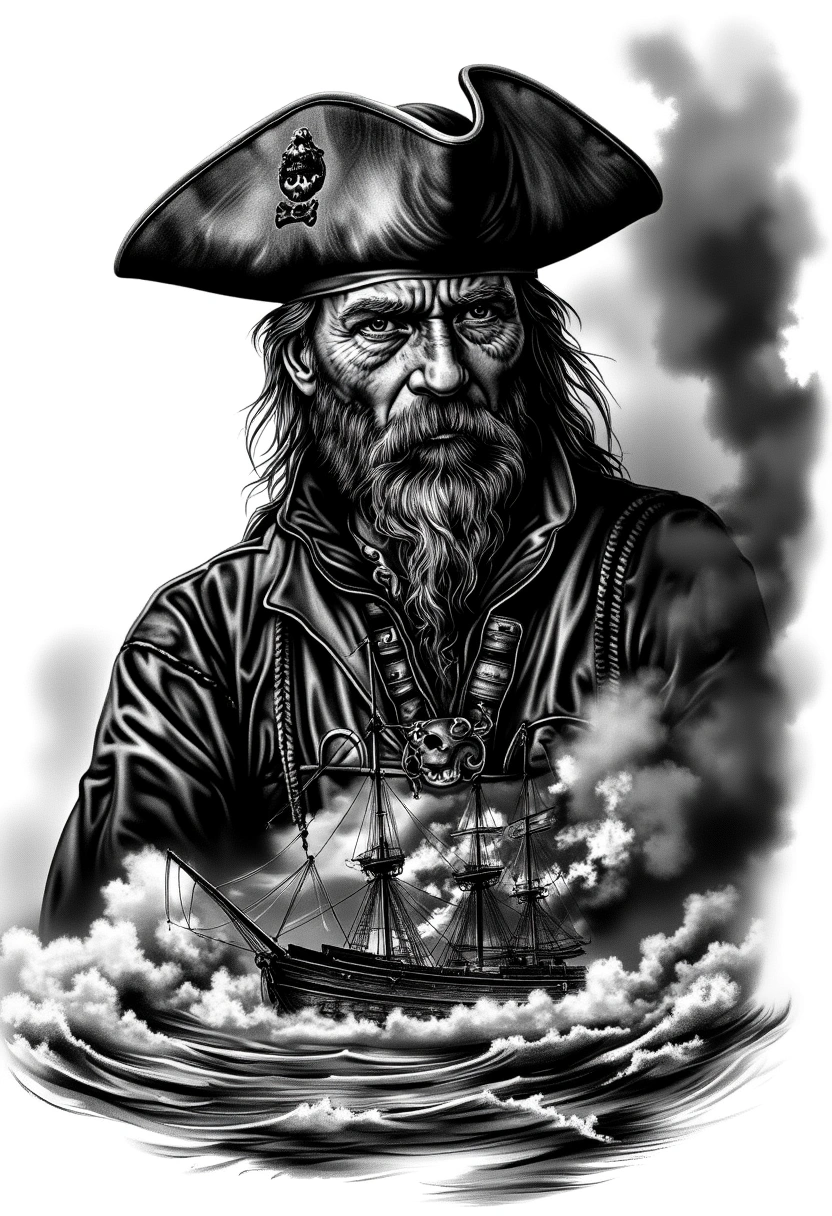Pirate Captain Portrait With A Burning Ship At Sea - Realism Chest tattoo design idea for men