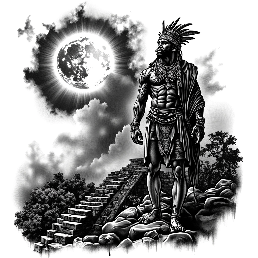A Mayan Priest Under A Solar Eclipse Atop A Jungle Temple - Realism Back tattoo design idea for men