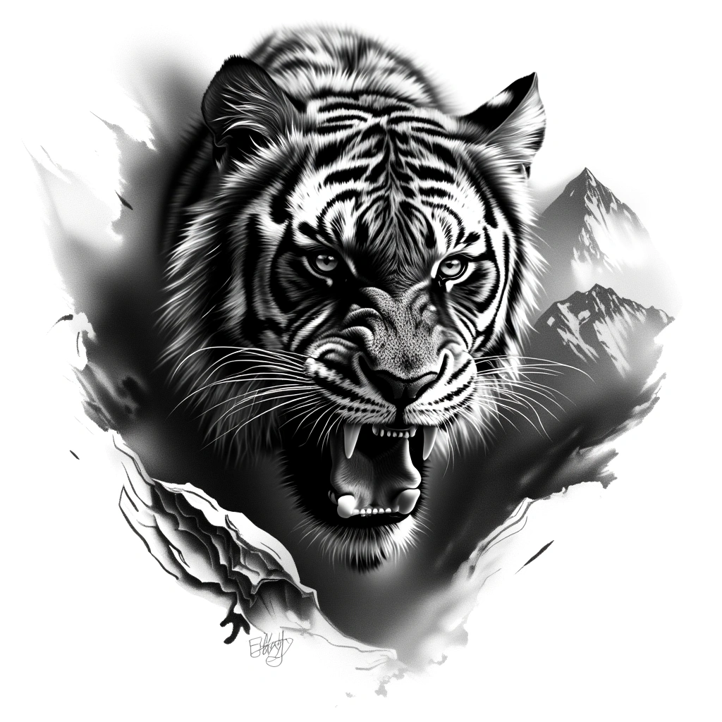 A Tiger Turning His Head With Fierce Looks When Going Up The Moutain - Black And Grey Chest tattoo design idea for men