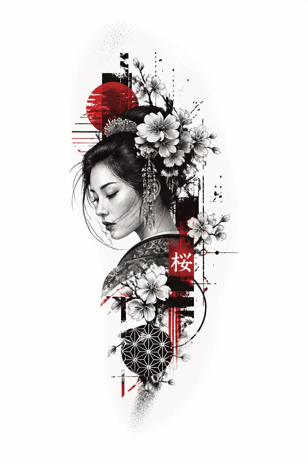 Japanese Lady Sakura And Pattern - Trash Polka Shoulder tattoo design