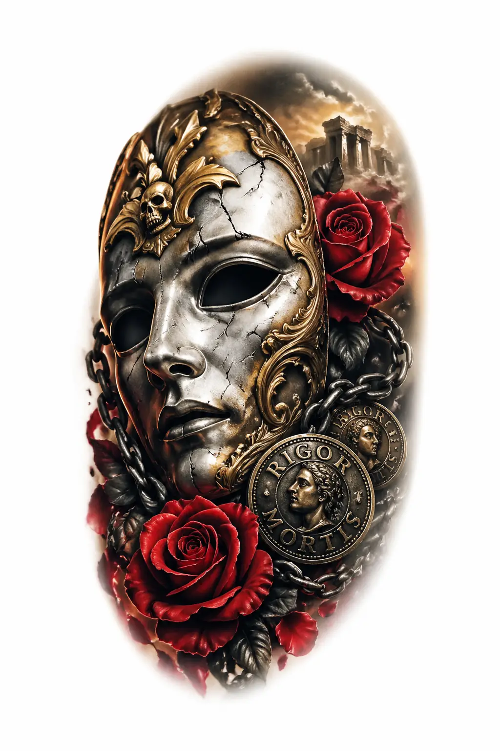 Rigor Mortis Coin Mask - Realism Shoulder tattoo design
