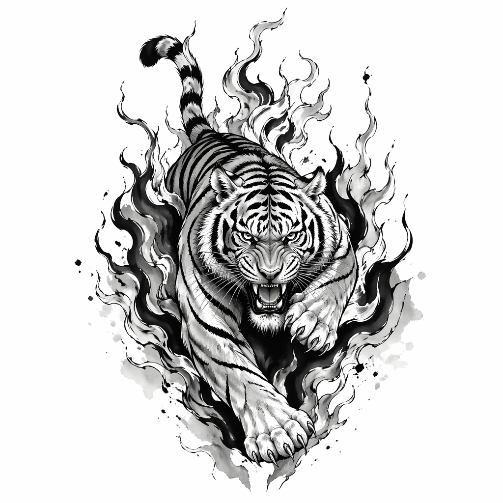 Tiger Emerging From Flames - Black And Grey Shoulder tattoo design idea for men