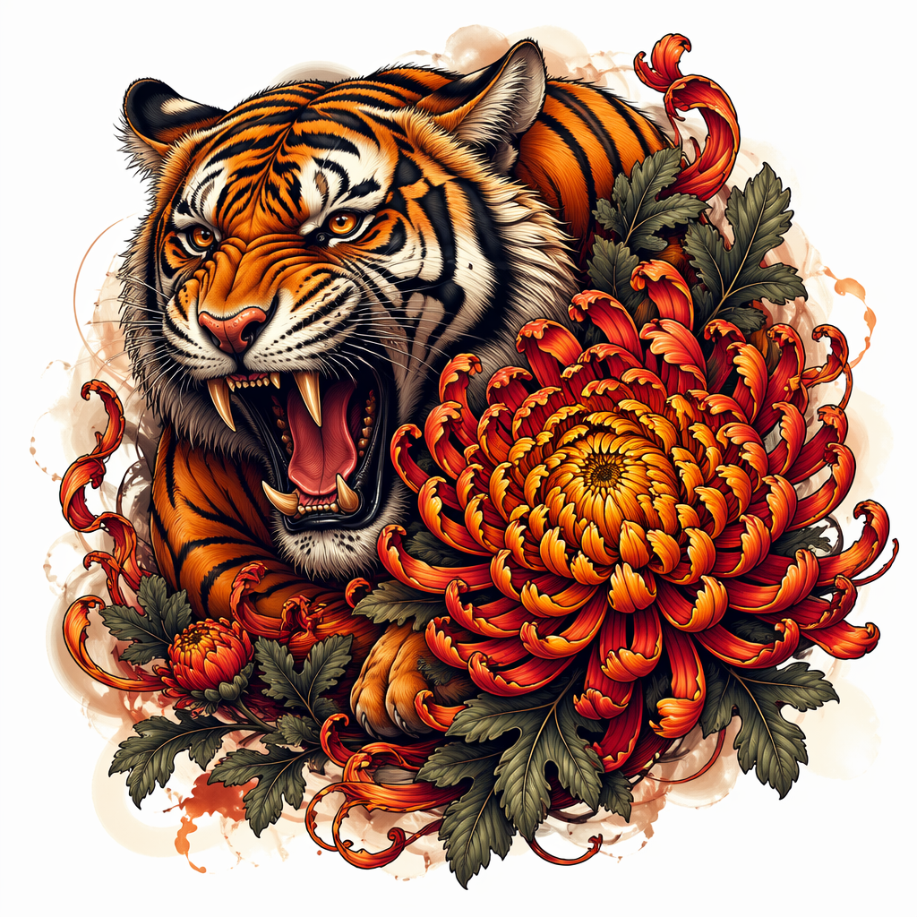 Tiger And Chrysanthemum - Neo Traditional tattoo design