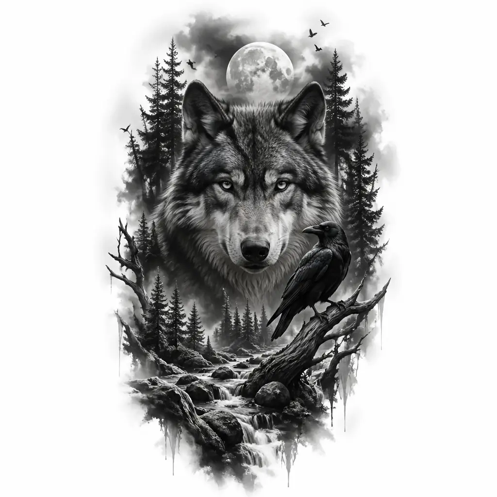Wolf Staring Forest - Realism tattoo design