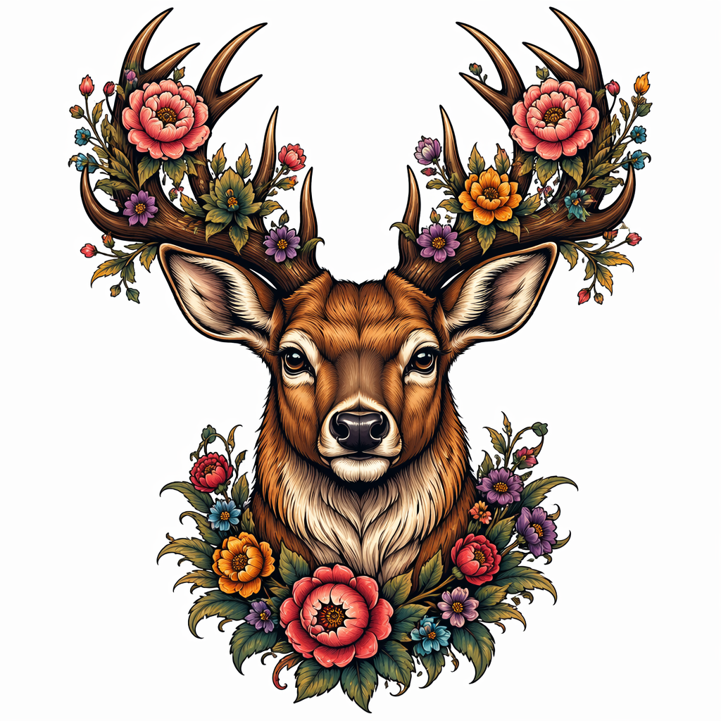 Deer With Antlers And Flowers - Neo Traditional tattoo design
