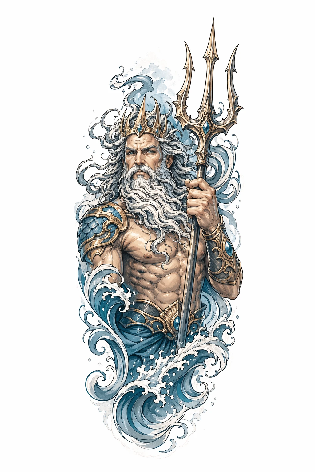 Poseidon Holding A Trident Emerging - Neo Traditional Forearm tattoo design