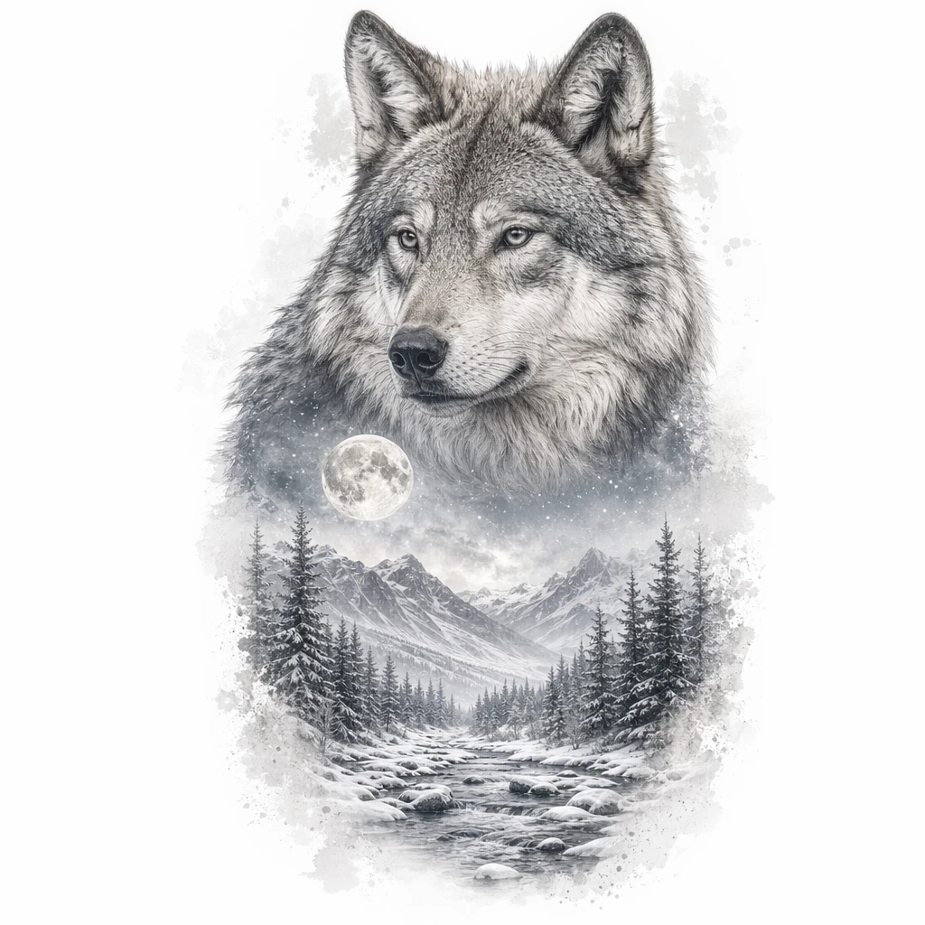 Wolf Portrait Above, Snowy Forest And Full Moon Landscape Below, Wildlife Narrative Composition - Realism Forearm tattoo design idea for women
