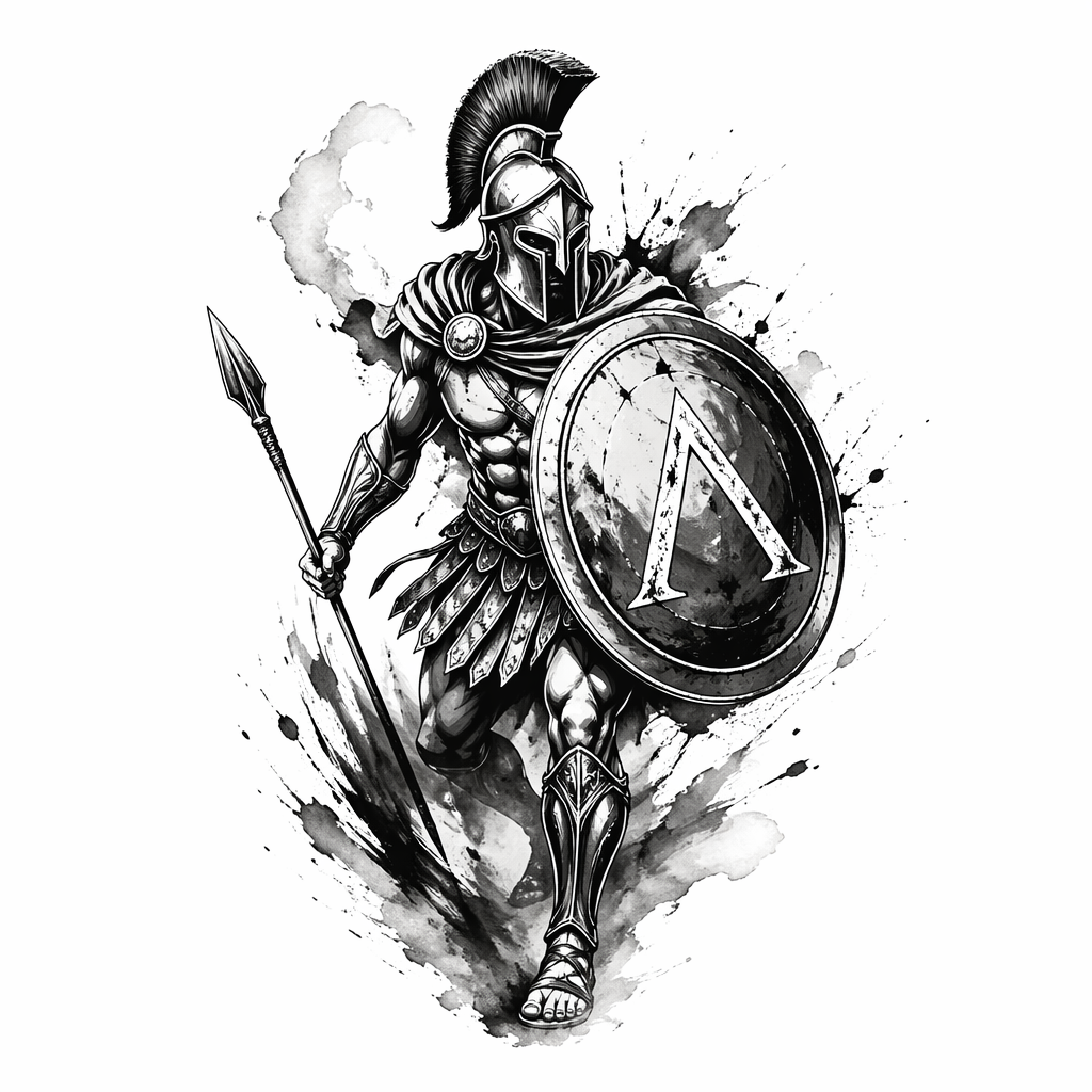 Spartan Warrior And Shield Composition - Black And Grey Calf tattoo design idea for men