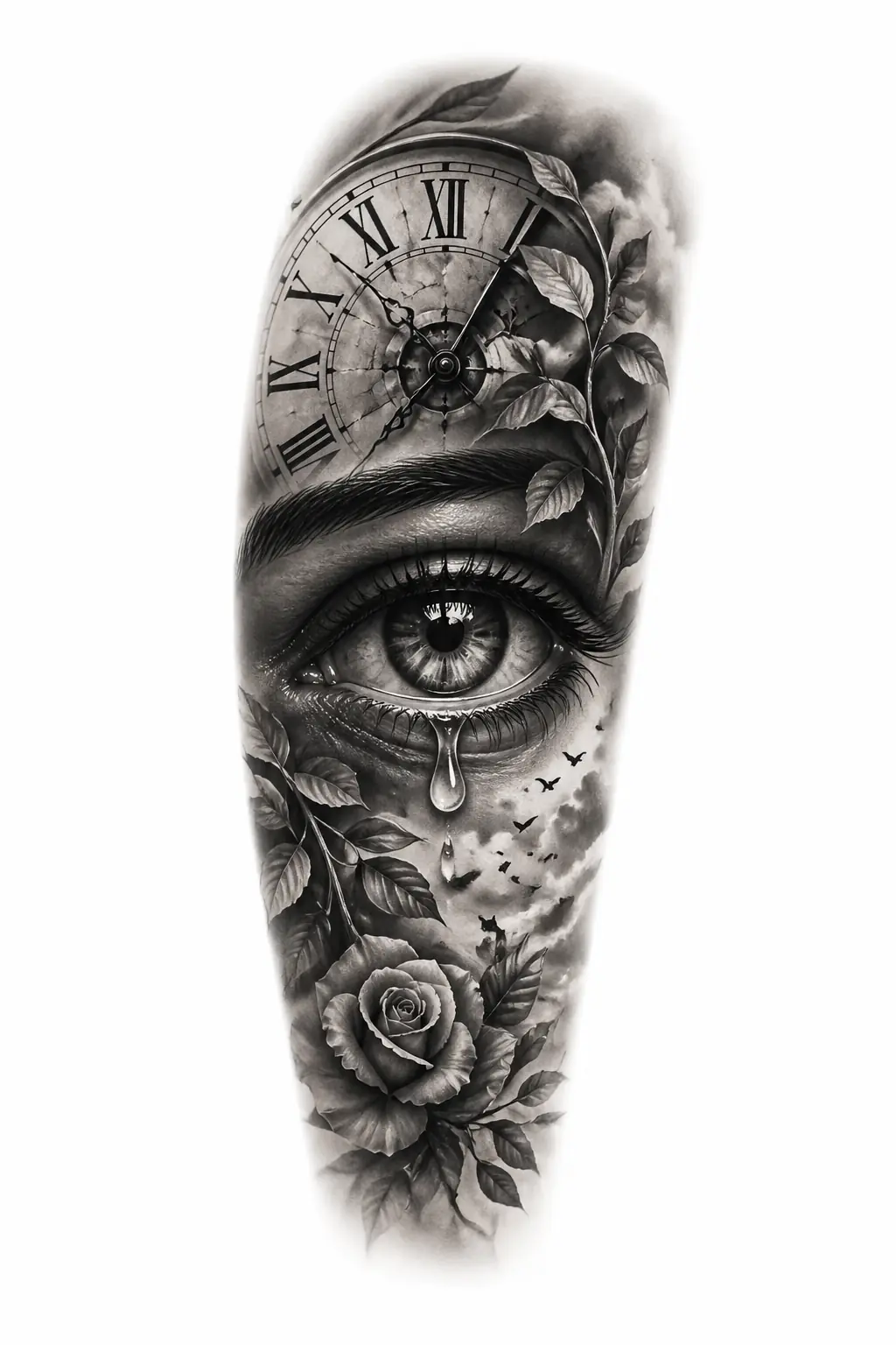 Realistic Eye With Tear - Black And Grey Forearm tattoo design