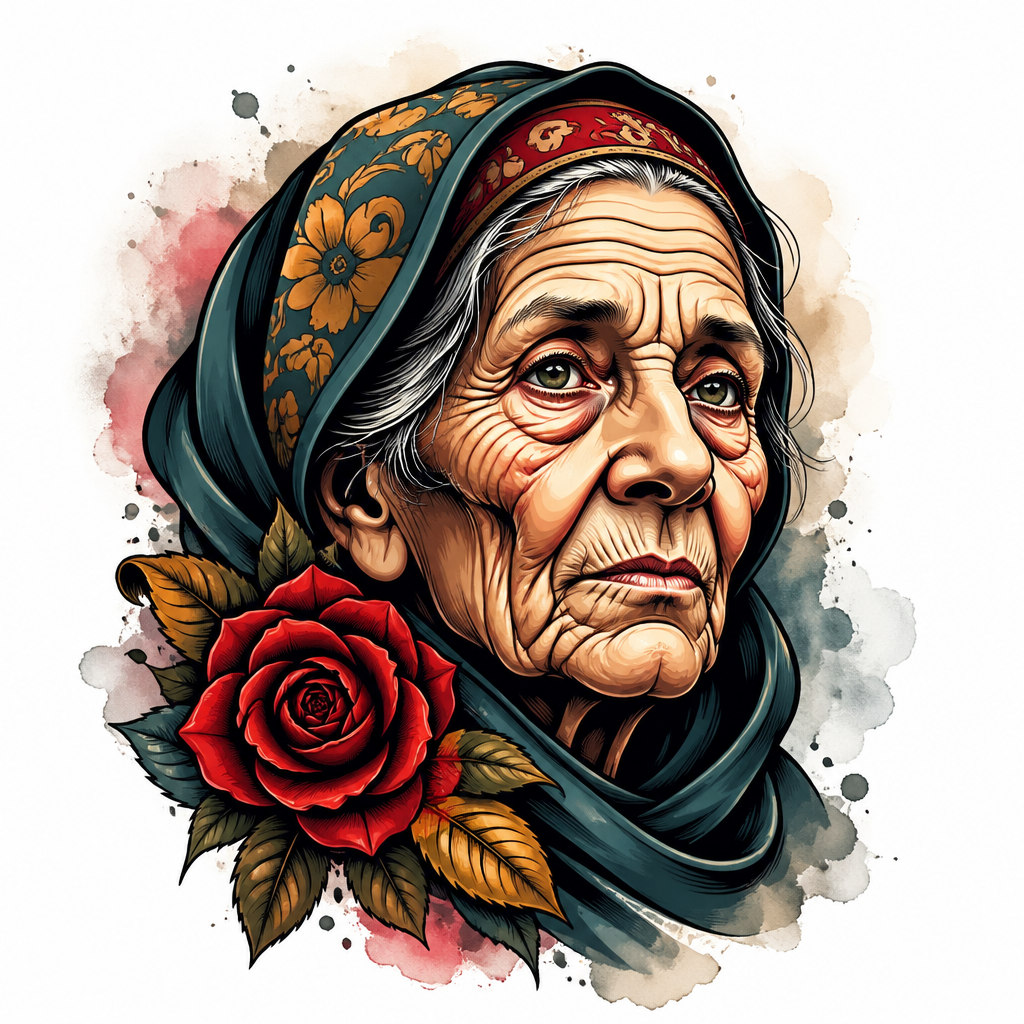 Elderly Face Wrinkles - Neo Traditional tattoo design