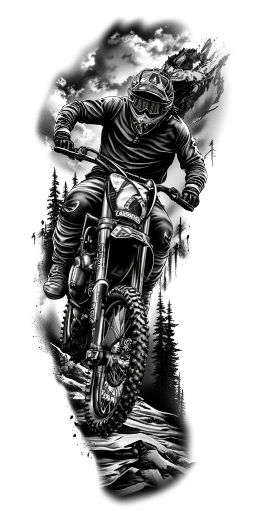 Motocross Rider Jumping A Dirt Bike Through Mountain Forest Cliffs With Mist And Trees Below, Black And Grey Tattoo Composition - Realism Full Sleeve tattoo design idea for men