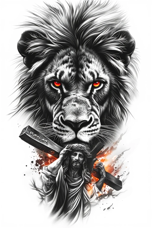 Split Vertical Composition, Top Lion Head, Bottom Jesus Carrying Cross Walking, Red Eyes Accent - Black And Grey Forearm tattoo design idea for men