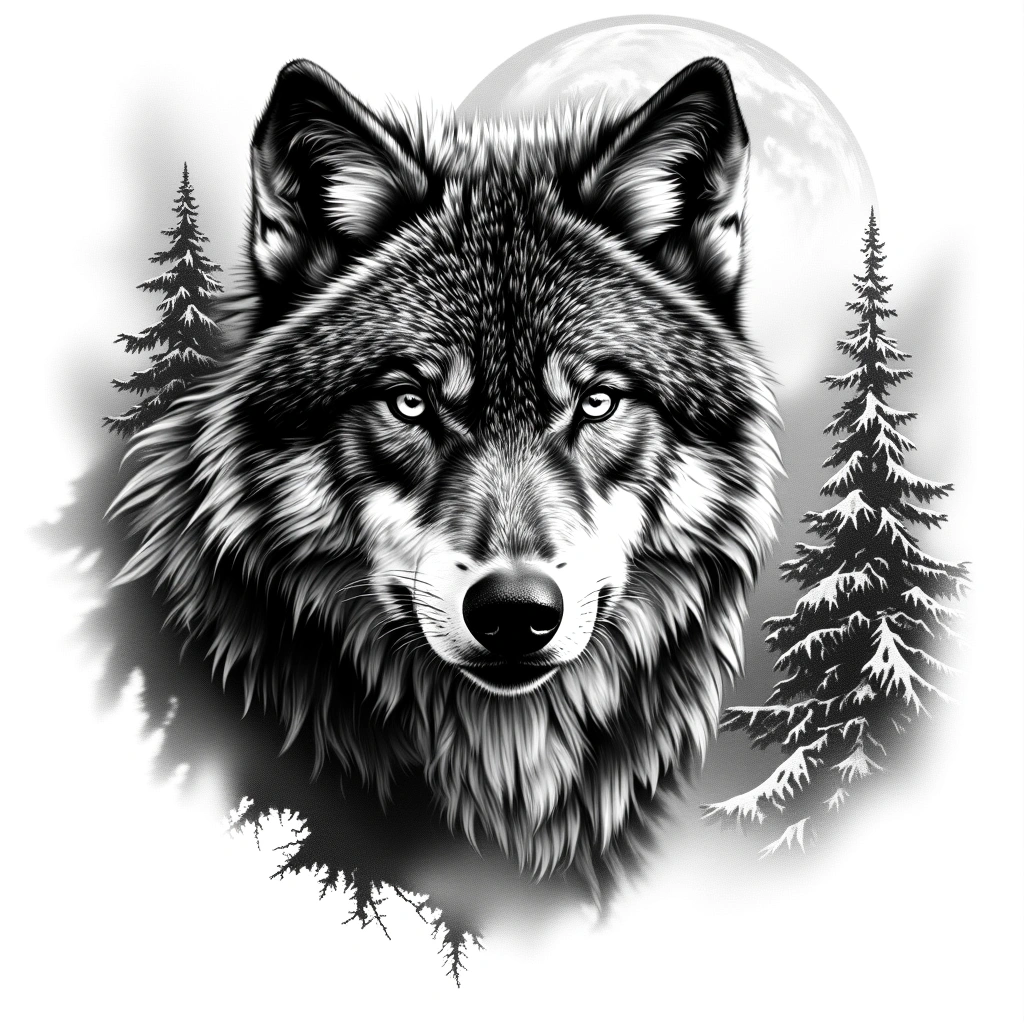 Wolf Portrait Above, Snowy Forest And Full Moon Landscape Below, Wildlife Narrative Composition - Black And Grey Chest tattoo design idea for men