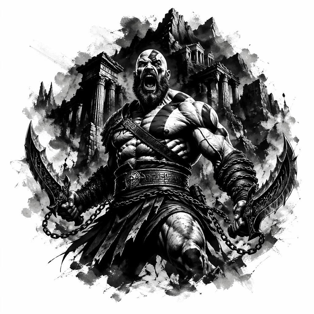 Kratos Rage Pose Full Scene - Black And Grey tattoo design