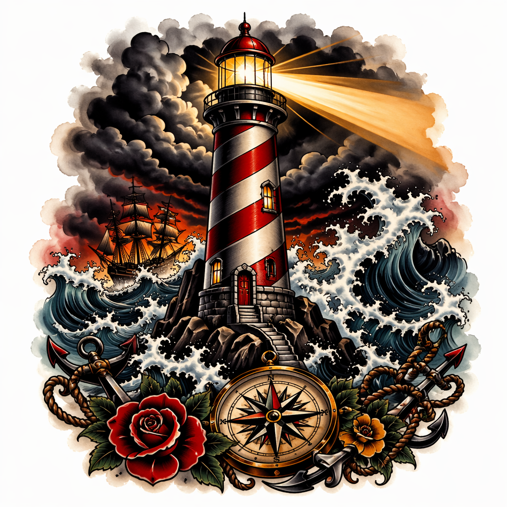 Lighthouse Waves - Traditional Back tattoo design idea for men