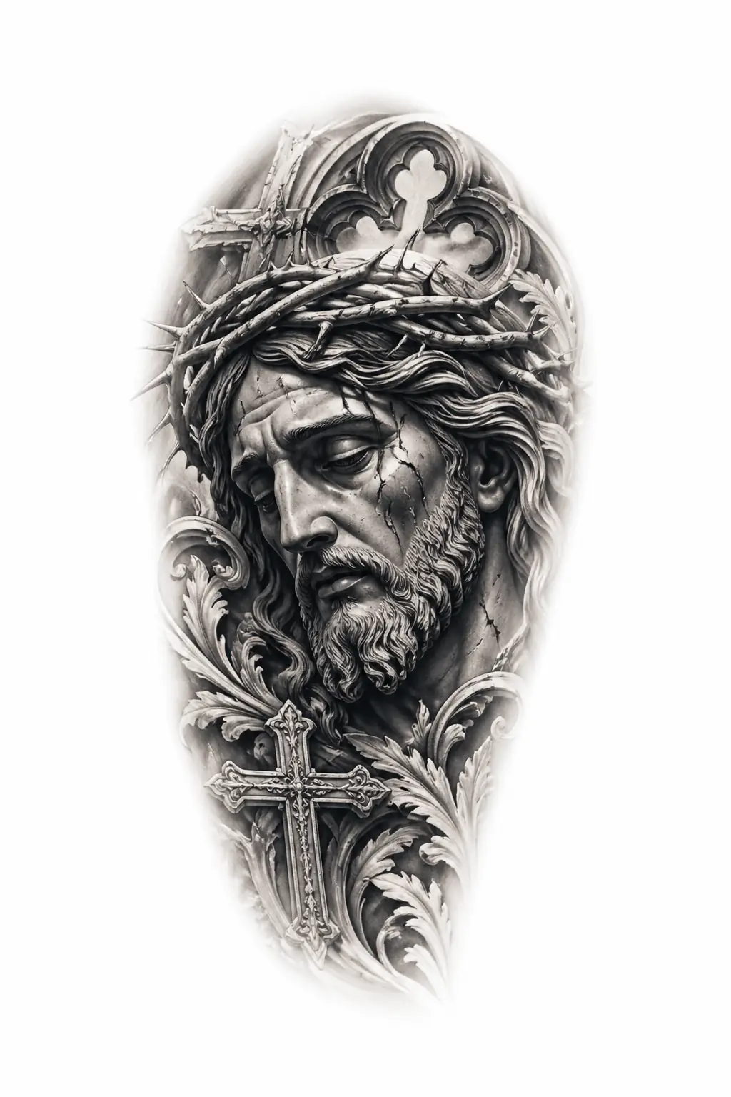 Jesus Weathered Sculpture - Black And Grey Shoulder tattoo design
