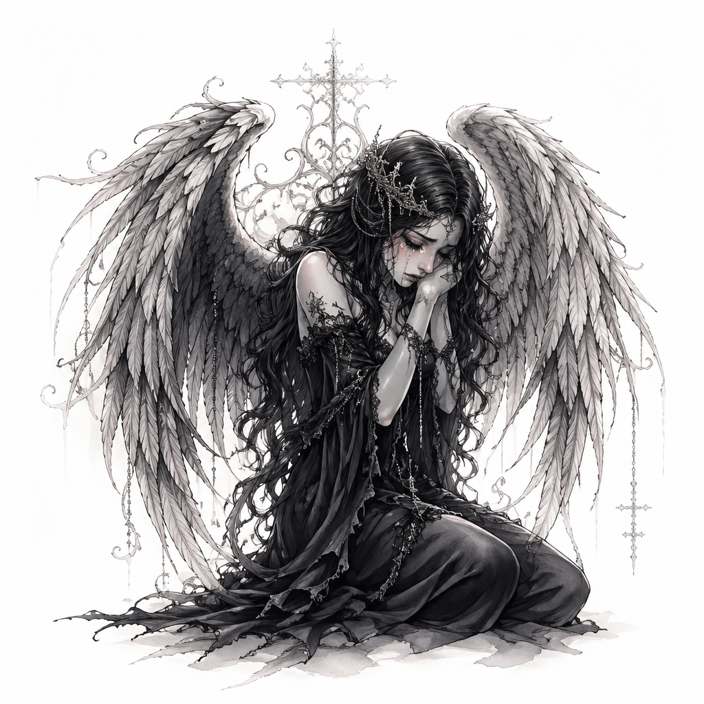 Fallen Angel Crying With Wings - Gothic tattoo design