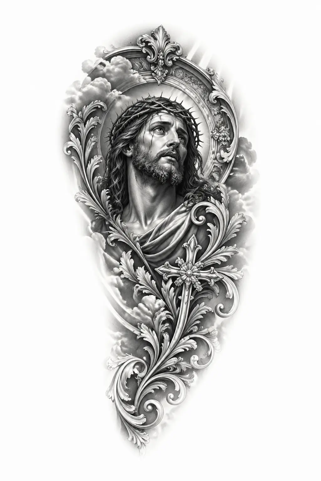 Jesus Portrait With Baroque Ornament Frame - Black And Grey Shoulder tattoo design