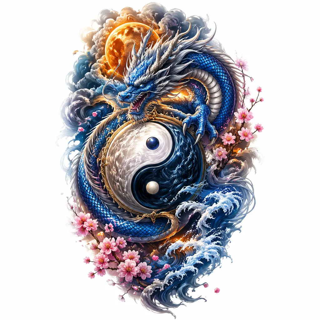 Blue Dragon With Yin Yang - Realism tattoo design