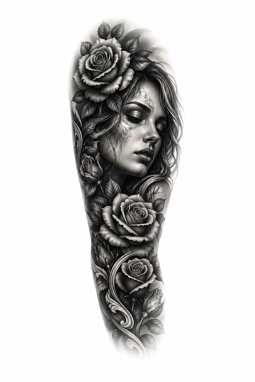 Woman Face With Roses - Black And Grey Full Sleeve tattoo design