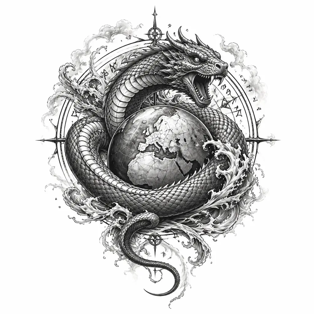 Jormungandr Around World - Black And Grey tattoo design