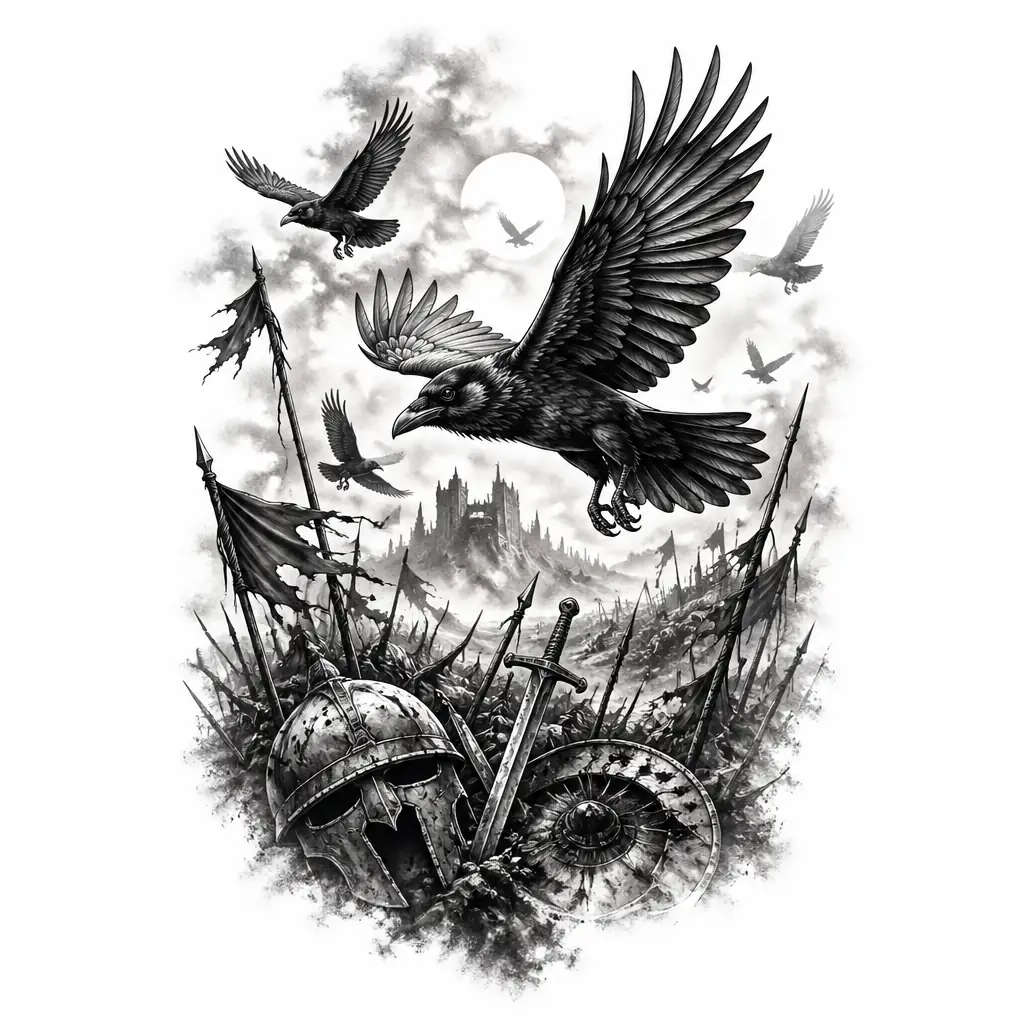 Ravens Flying Over Battlefield - Black And Grey tattoo design