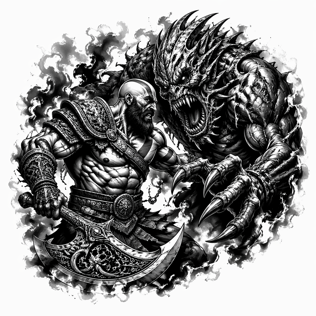 God Of War Spartan Fighting Monster - Black And Grey tattoo design