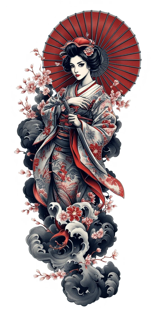 Geisha Woman, Red Umbrella Behind, Katana Sword, Cherry Blossoms - Japanese Full Sleeve tattoo design idea for women