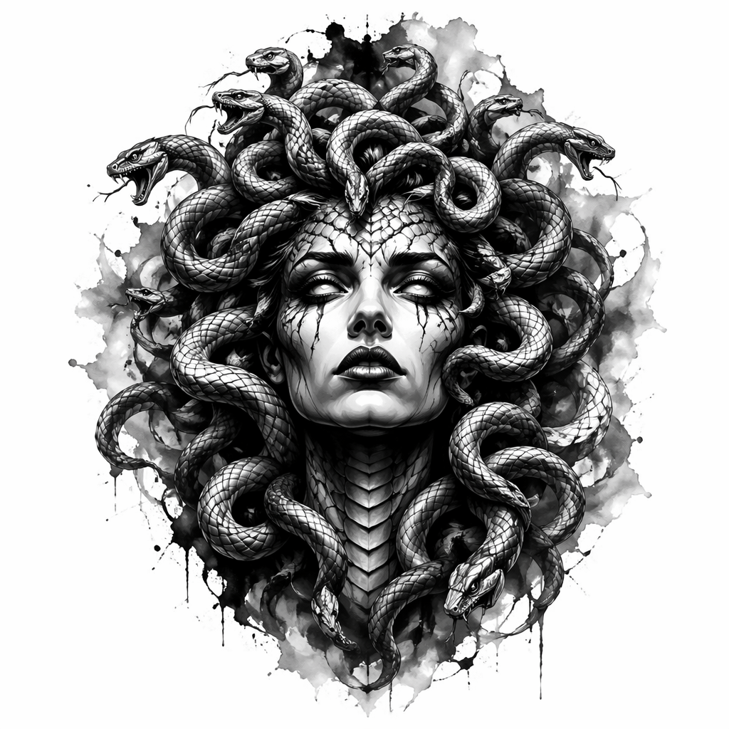 Medusa Portrait With Snakes Background - Black And Grey tattoo design