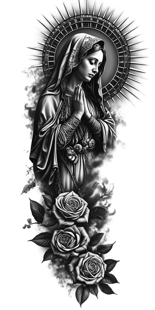Praying Virgin Mary, Spiked Clock Halo Behind Head, Roman Numeral Clock Halo, Sunburst Spikes, Roses At Bottom, Clouds Smoke Filler - Black And Grey Full Sleeve tattoo design idea for men