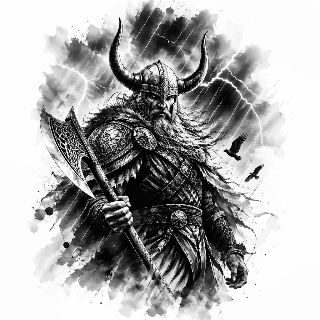 Viking Warrior Storm Background - Black And Grey Back tattoo design idea for men