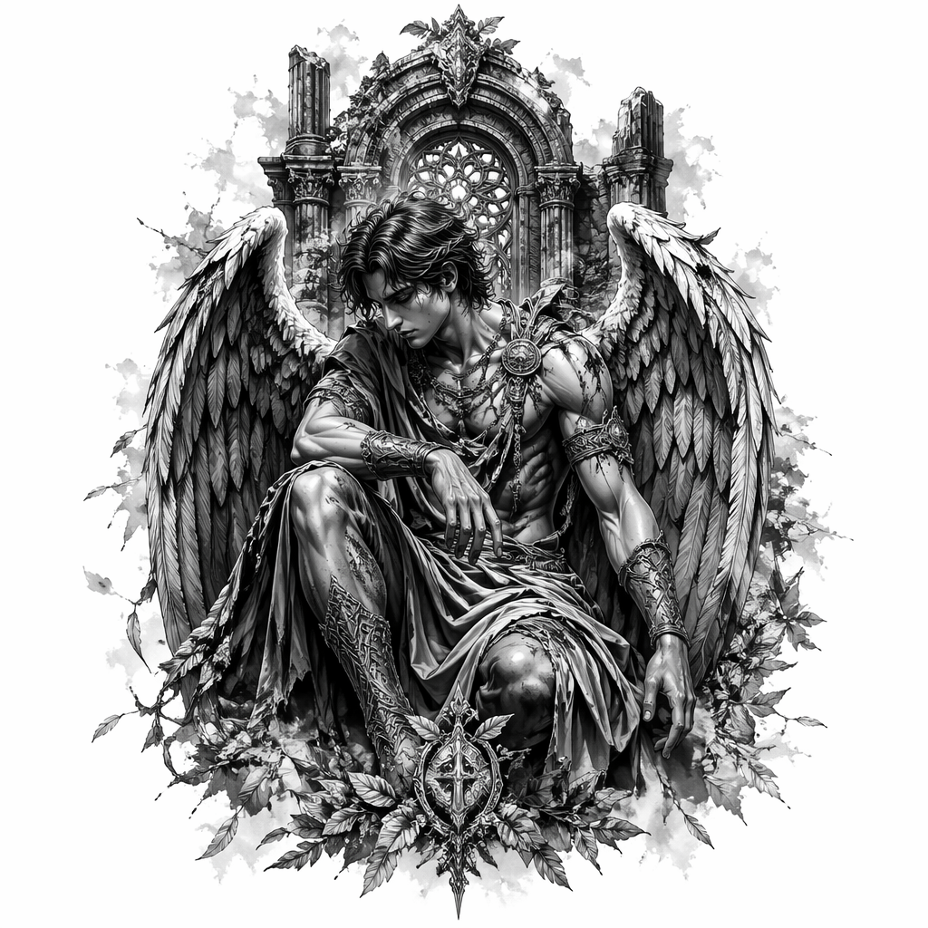 Fallen Angel In Ruins - Black And Grey Forearm tattoo design