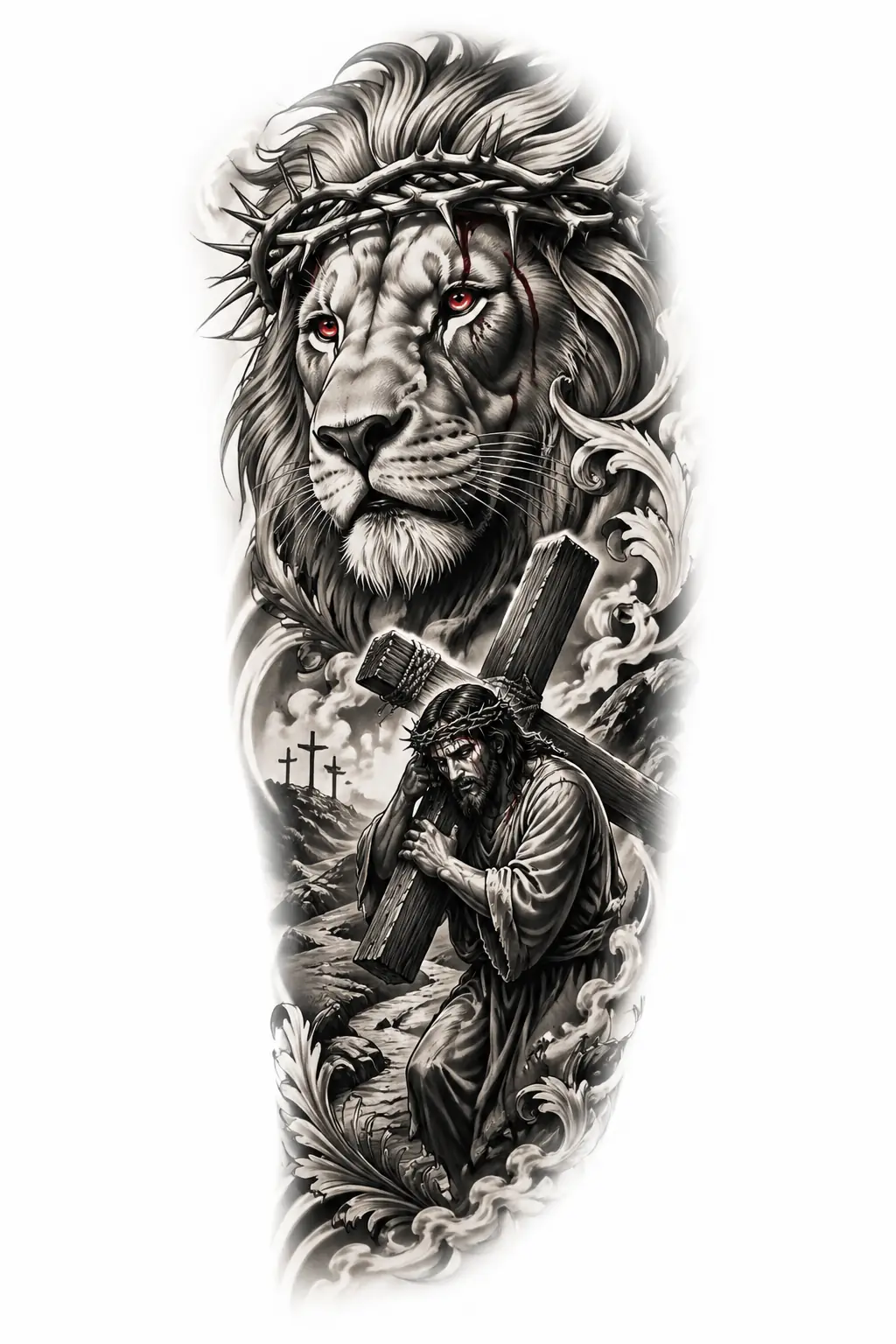 Split Vertical Composition, Top Lion Head, Bottom Jesus Carrying Cross Walking, Red Eyes Accen - Neo Traditional Half Sleeve tattoo design