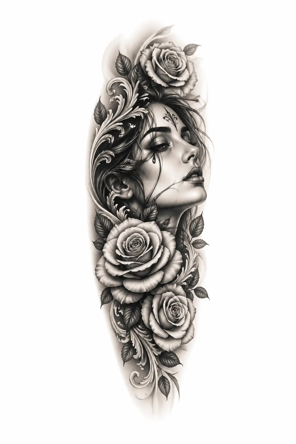 Woman Face With Roses - Black And Grey Forearm tattoo design